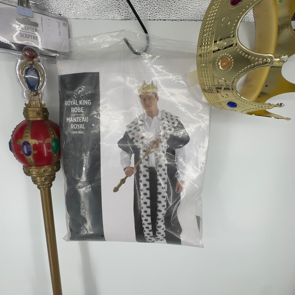 Royal King Costume Set with Robe Crown and Scepter Burgundy Gold Mens One Size
